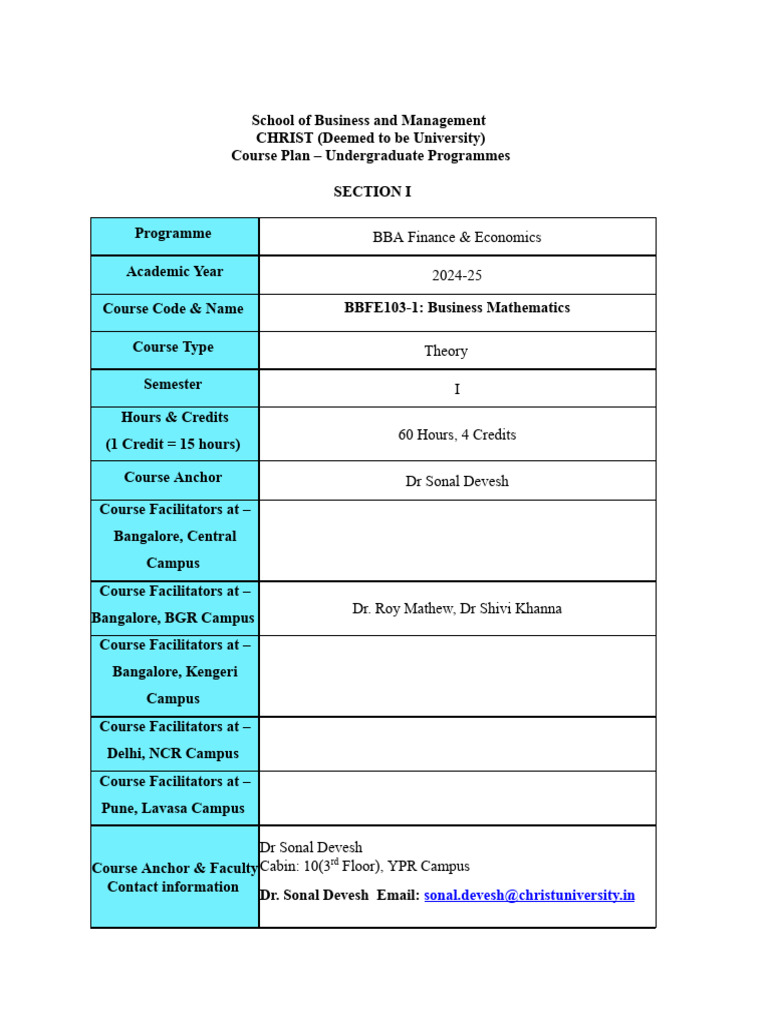 BBA Business Math Course Guide | PDF | Matrix (Mathematics ...