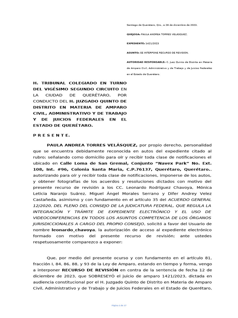 Recurso de Revisión en Amparo 1421/2023 | PDF | Caso de ley | Justicia