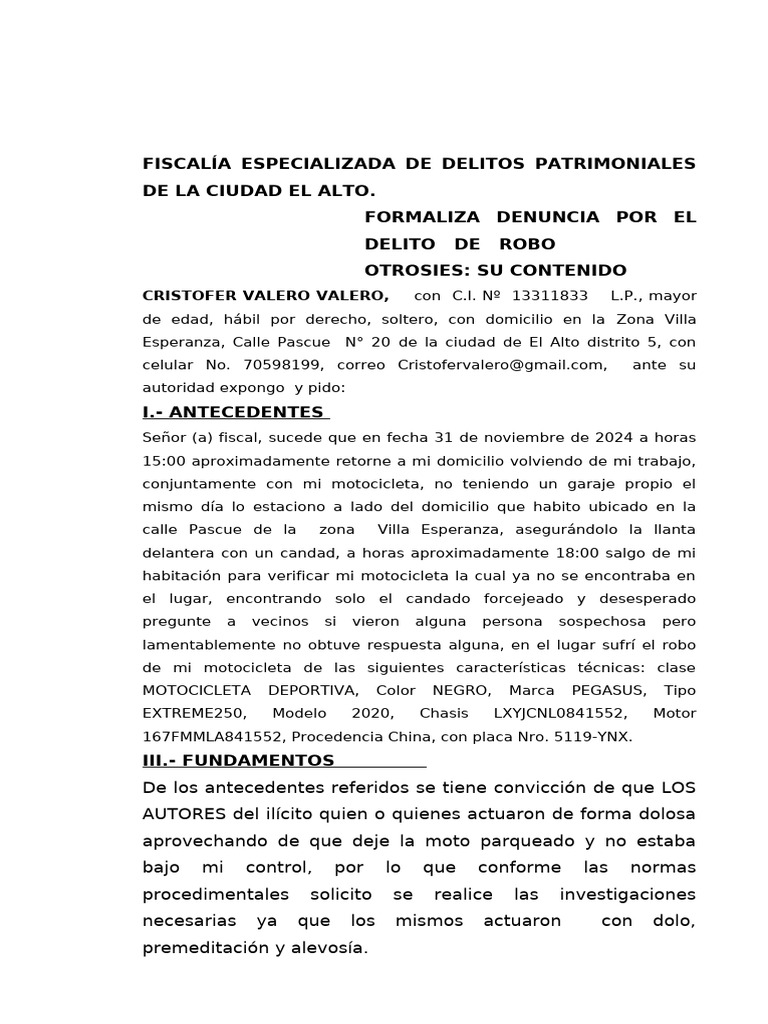 Denuncia por Robo de Motocicleta en El Alto | PDF | Justicia penal ...