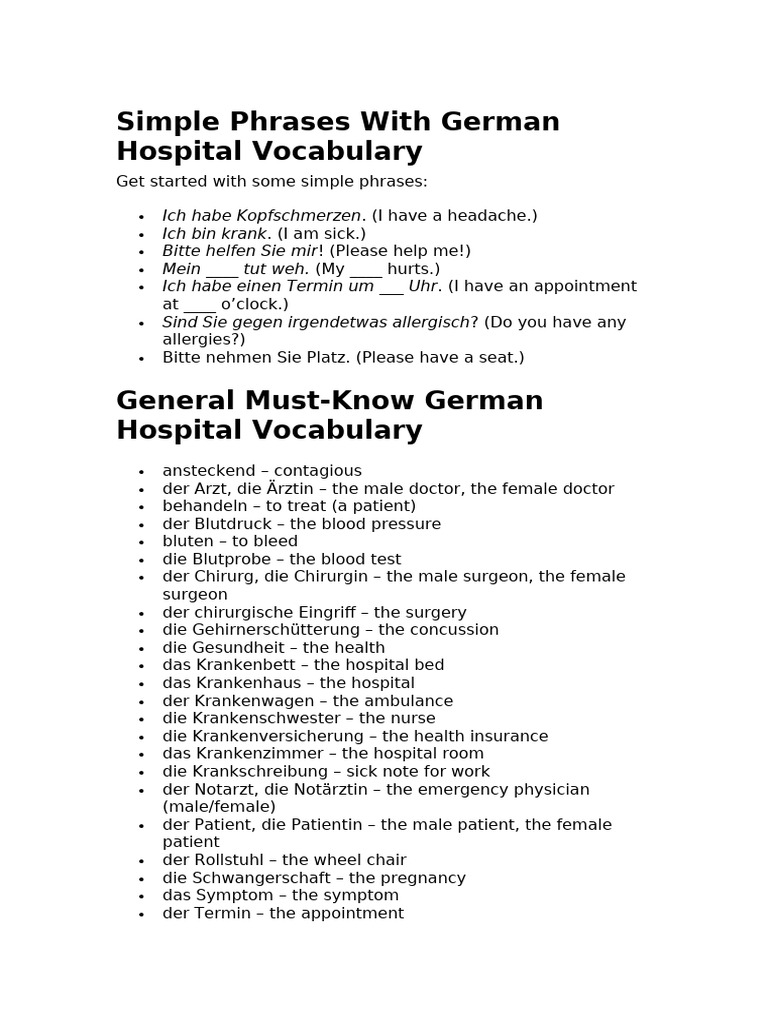 Simple Phrases With German Hospital Vocabulary | PDF