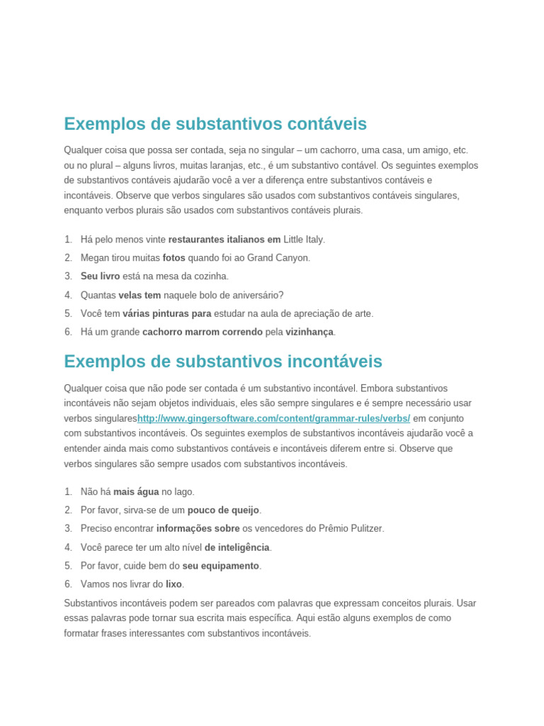 Exemplos de Substantivos Contáveis e Incontáveis | PDF | Substantivo