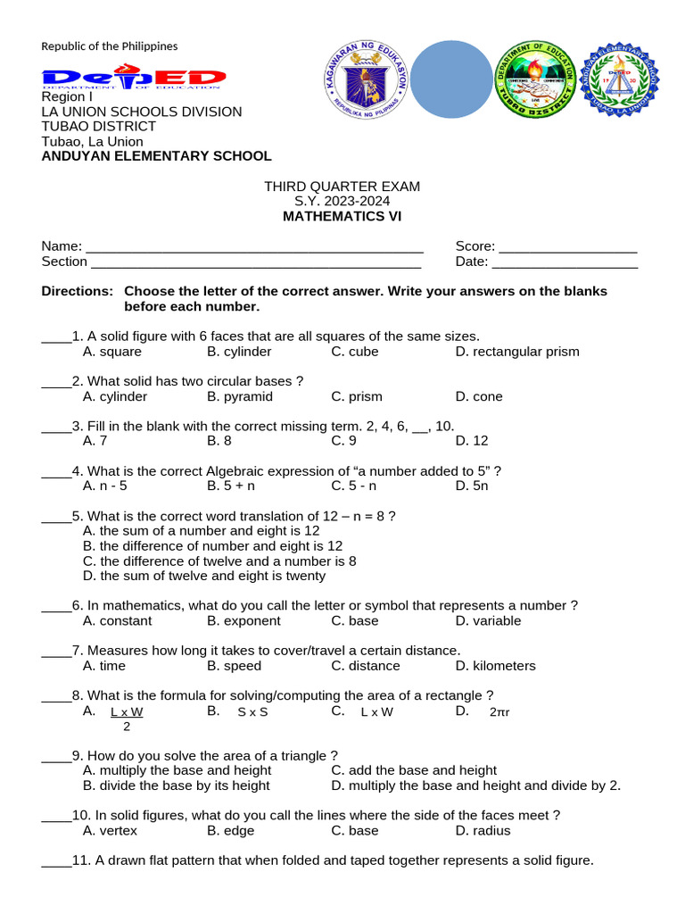 Q3_PT_MATH_6_2023-2024 | PDF | Area | Numbers