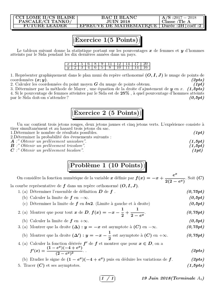 Examen Mathématiques Bac II 2018 | PDF | Mathématiques