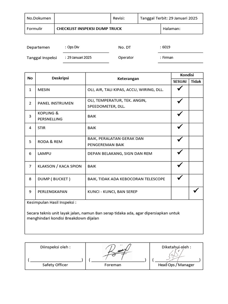 Checklist Inspeksi Dump Truck 2025 | PDF