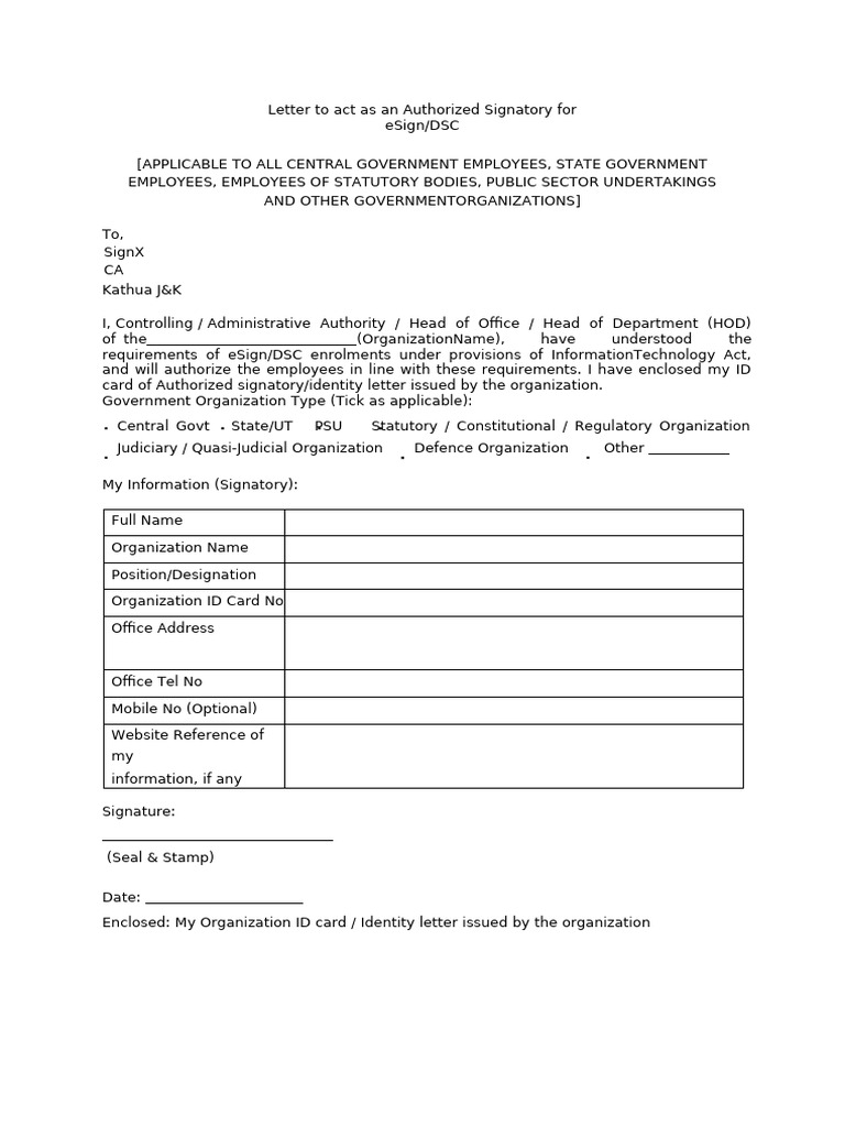 Authorized Signatory Letter for eSign/DSC | PDF