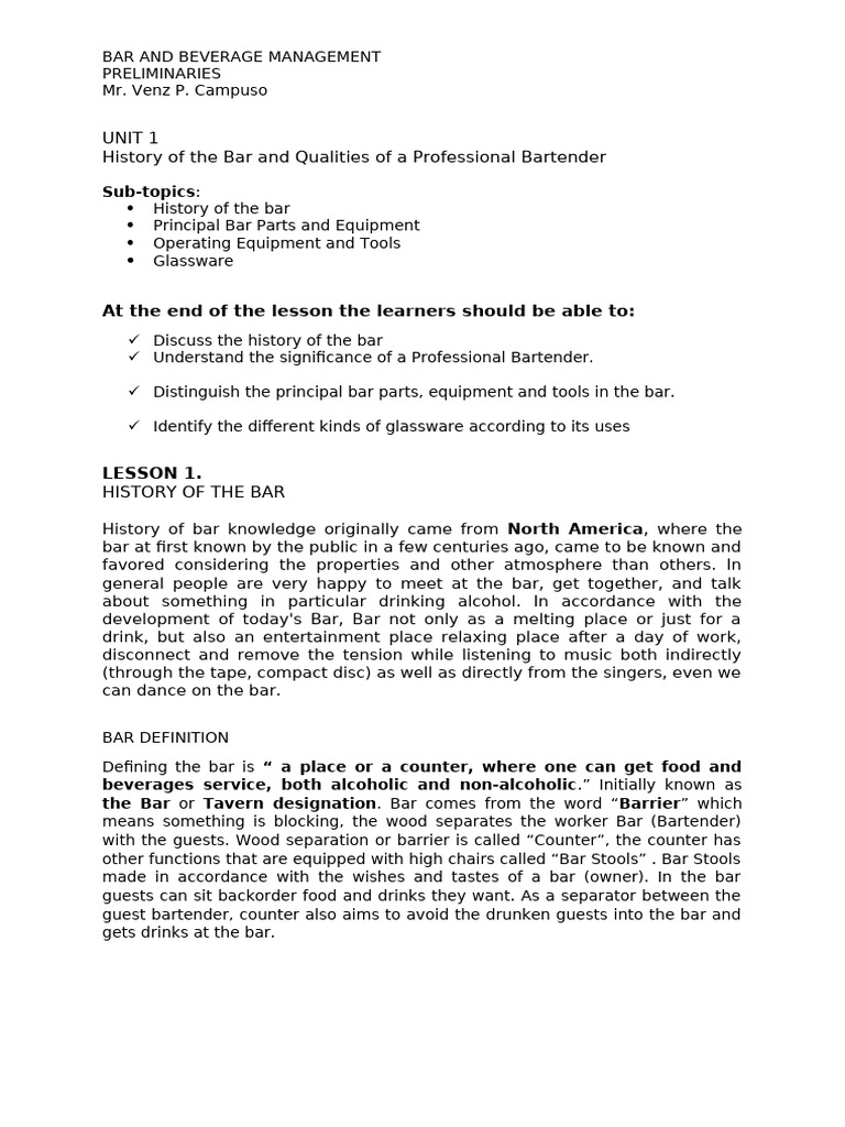 Bar History and Bartending Essentials | PDF | Bar (Establishment) | Drink