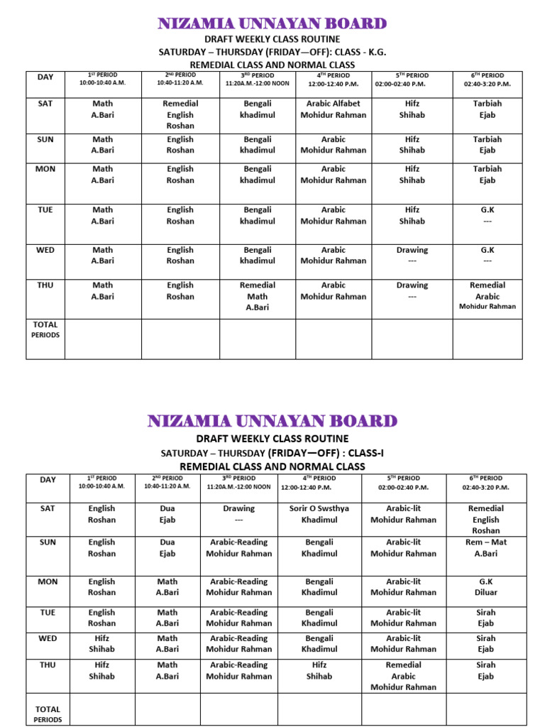 Nizamia Unnayan Weekly Class Schedule | PDF | Language Varieties And ...