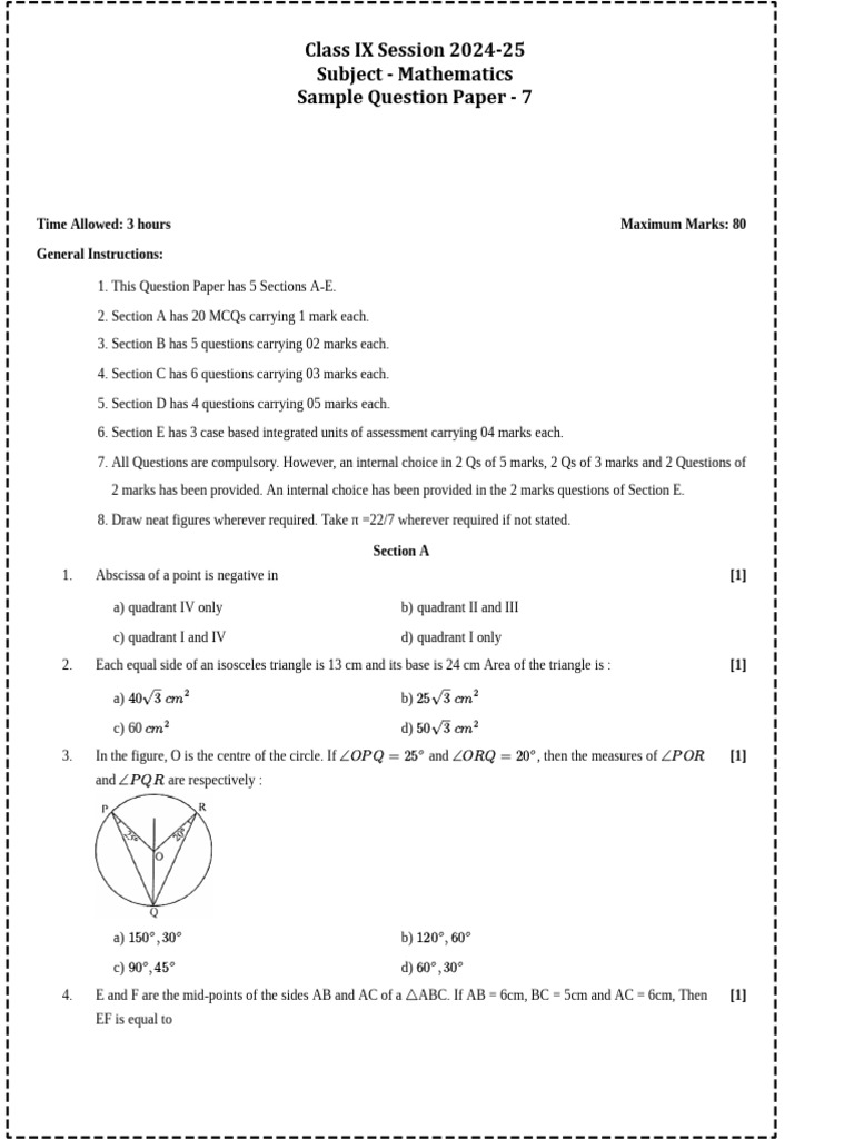 Class IX Mathematics Sample Paper 2024 | PDF | Euclid | Geometric Shapes