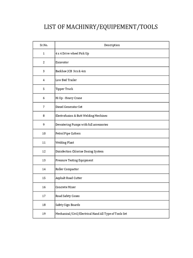 Construction Machinery and Equipment List | PDF