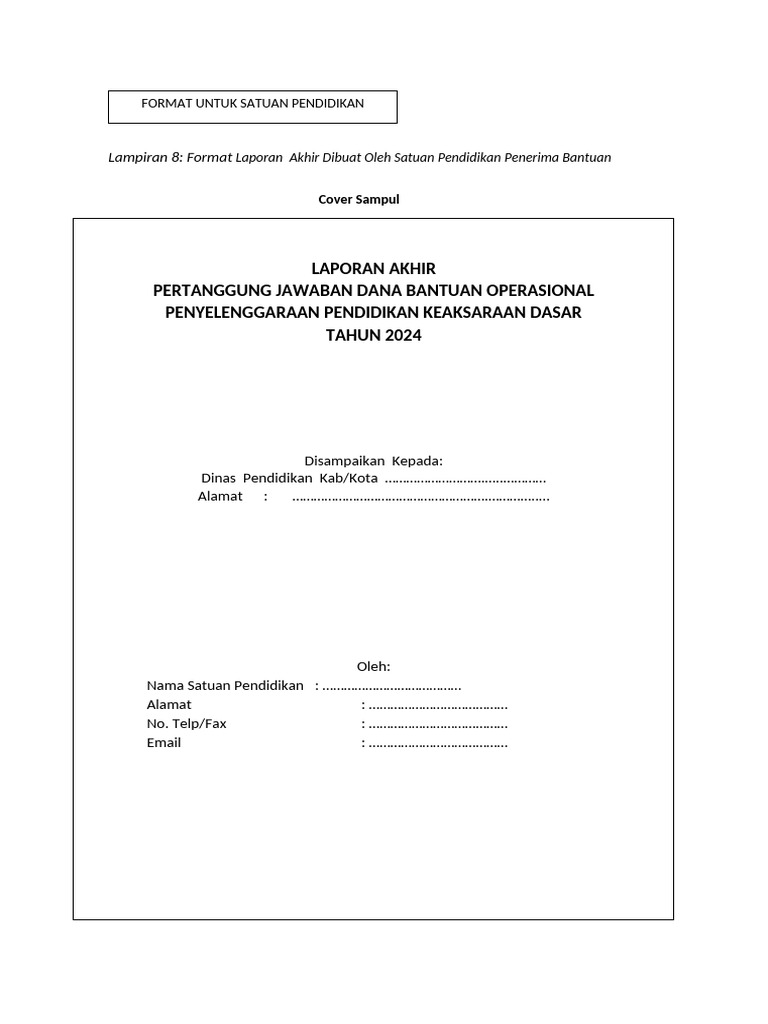 Format Lembaga Laporan Akhir Bop Keaksaraan Dasar 2024 | PDF