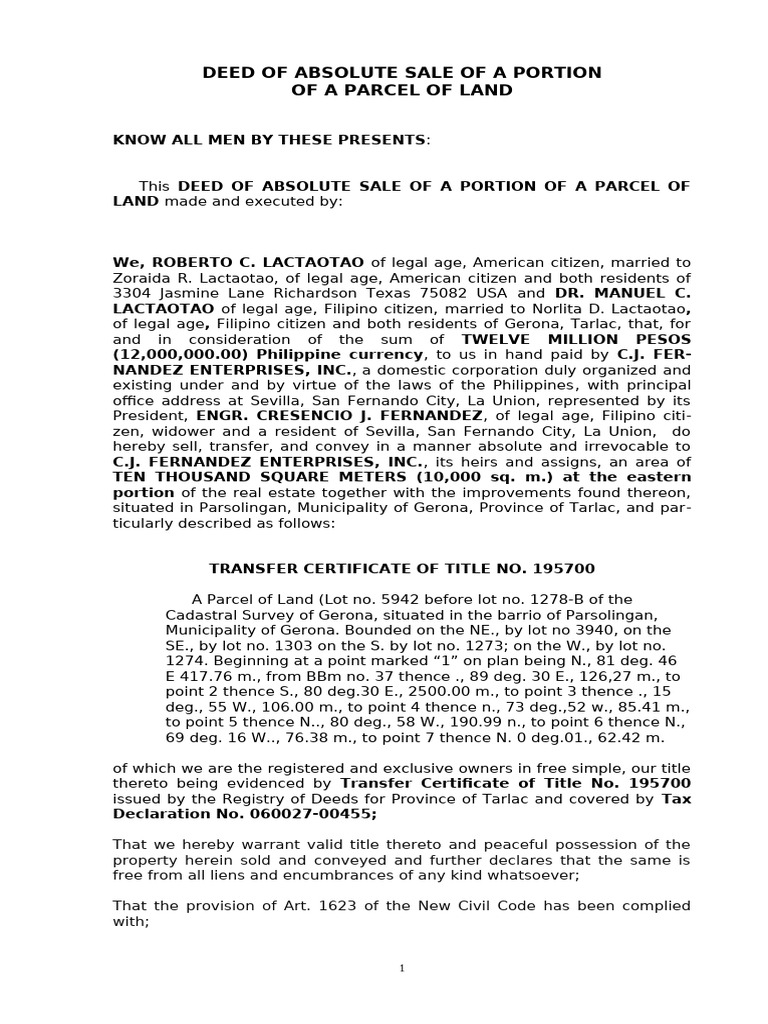 Deed of Sale-Tarlac Property of Dr. Lactaotao | PDF | Deed ...