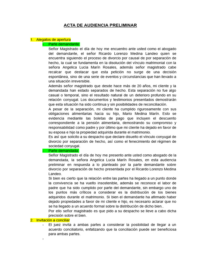 Audiencia Preliminar PDF Divorcio Ley procesal