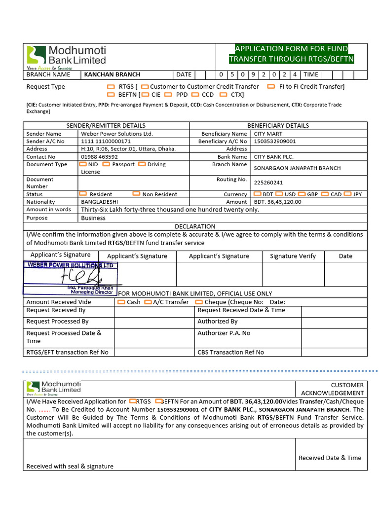 RTGS/BEFTN Fund Transfer Application | PDF | Banks | Cheque