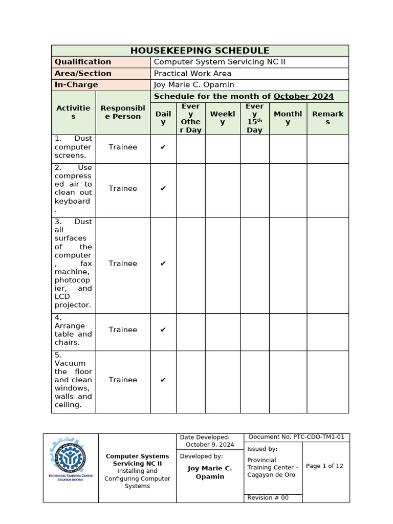 1 - Housekeeping Schedule | PDF | Operating System Families | Personal ...