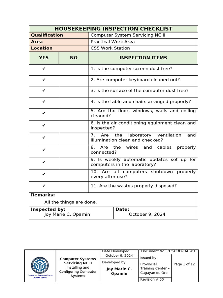 3 - Housekeeping Inspection Checklist | PDF