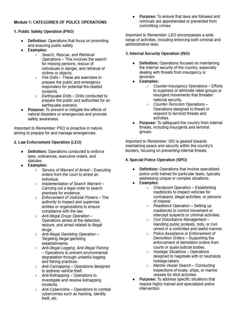 Overview of Police Operations Categories | PDF | Search Warrant | Arrest