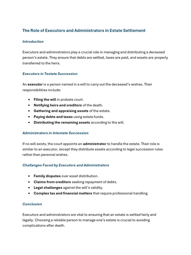 Executors vs. Administrators in Estates | PDF