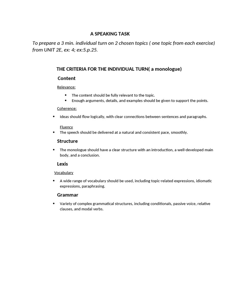 Speaking Task Guidelines for Unit 2E | PDF