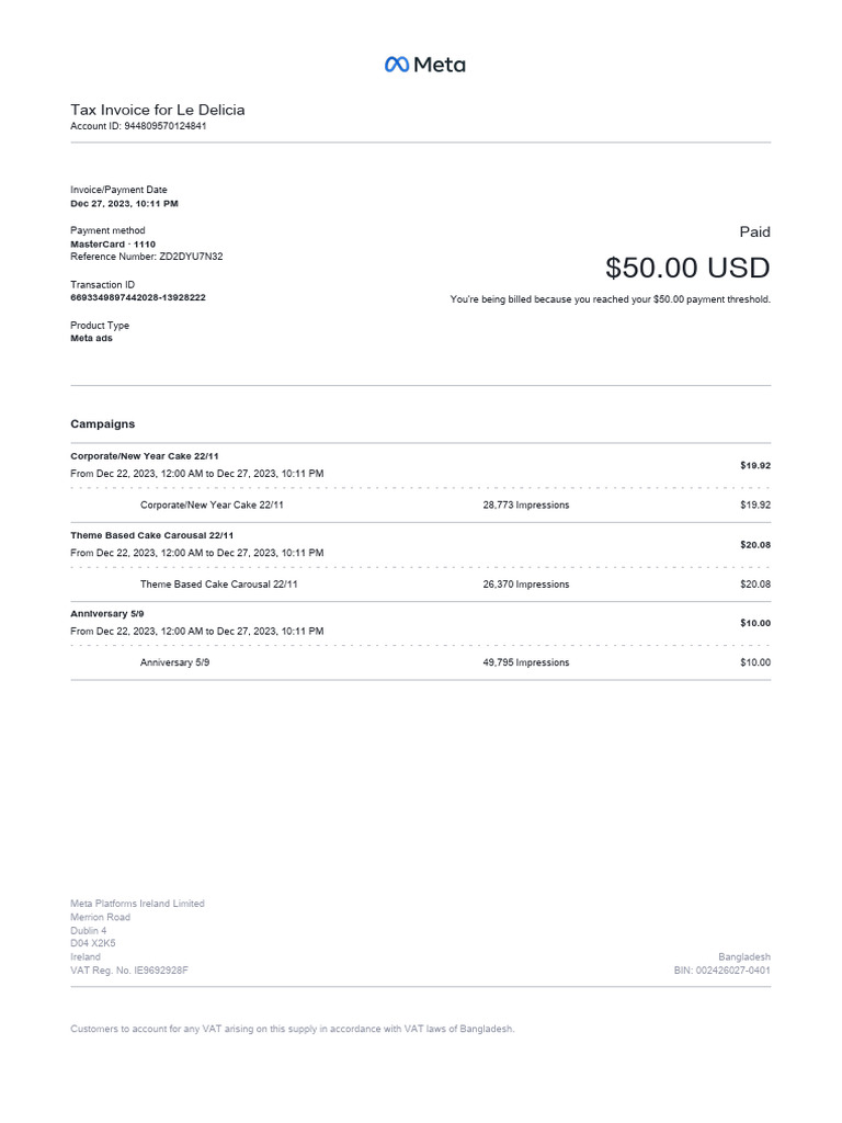 Le Delicia Meta Ads Invoice Summary | PDF | Invoice | Value Added Tax