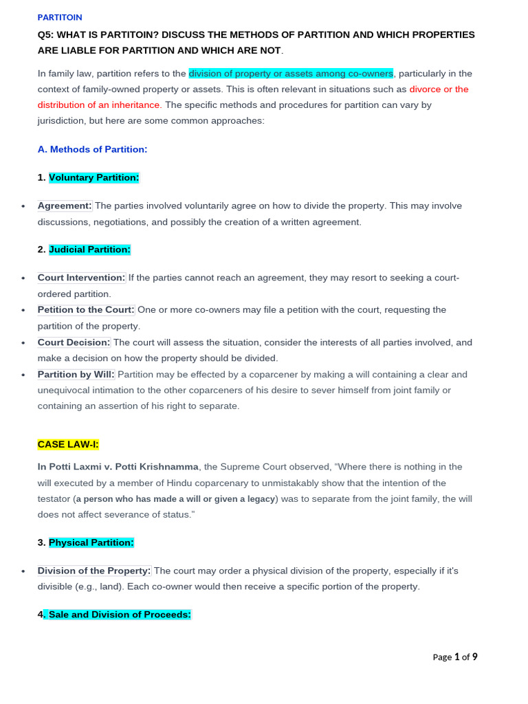 Q5-Partition & Methods | PDF | Concurrent Estate | Common Law