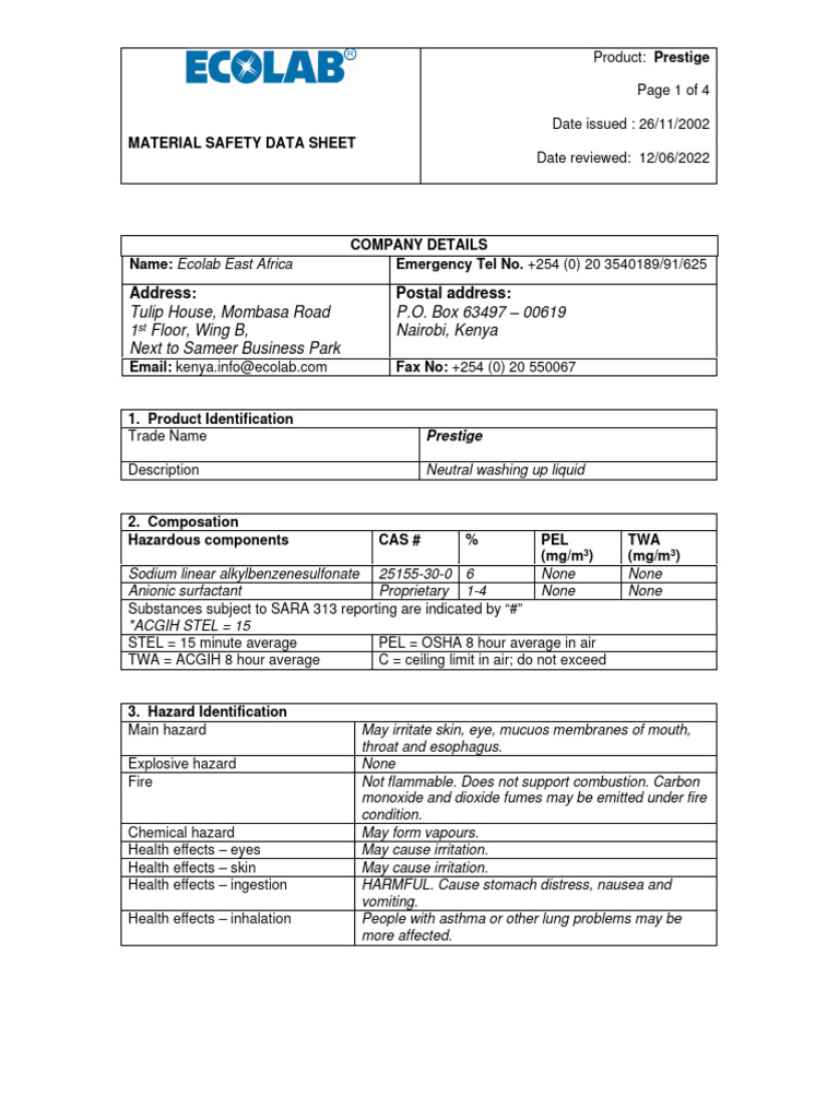 glutathione msds Prestige Neutral Washing Liquid MSDS | PDF | Water