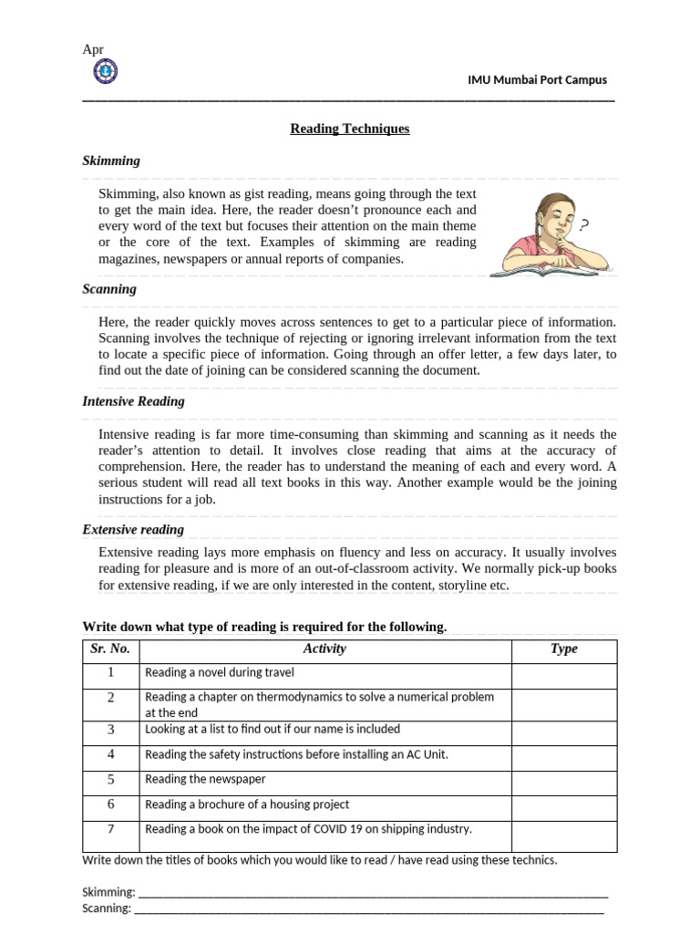 Skimming Techniques in Reading | PDF | Speed Reading | Reading ...