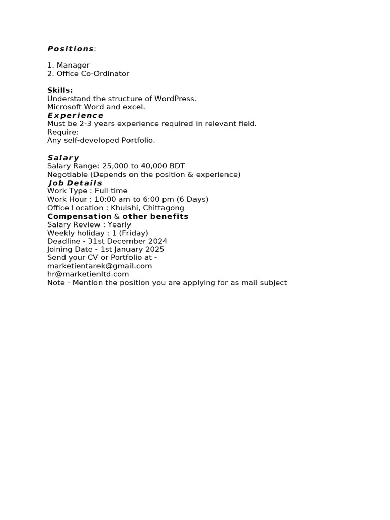 Job Openings: Manager & Office Co-Ordinator | PDF
