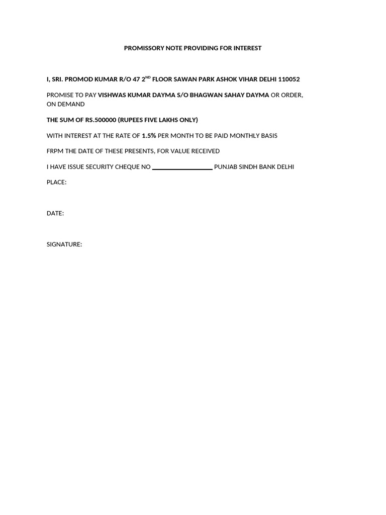 Promissory Note with 1.5% Monthly Interest | PDF