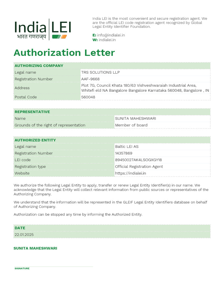 India LEI Registration Authorization Form | PDF