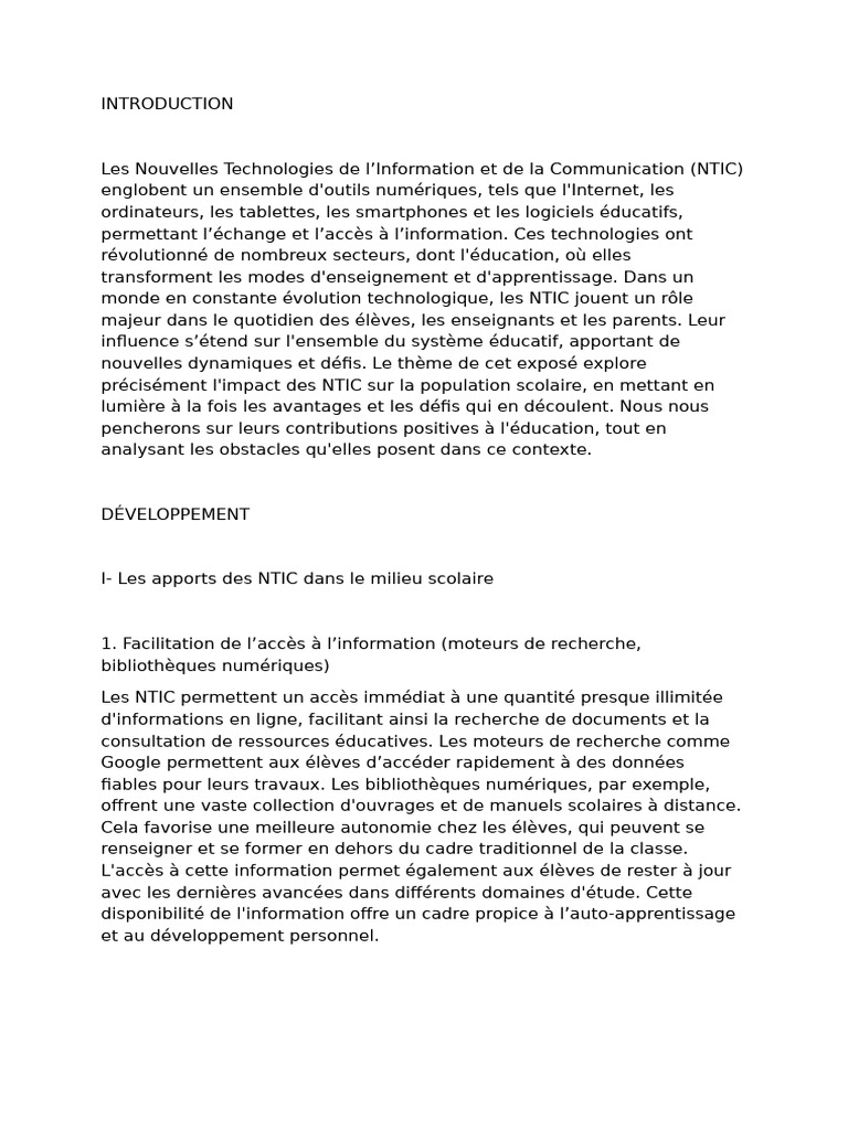 Impact des NTIC sur l'éducation scolaire | PDF | Technologies de l ...