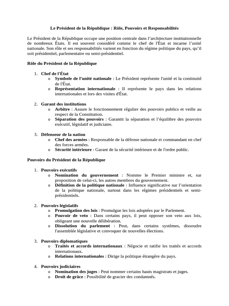 Rôle et Pouvoirs du Président de la République | PDF | Chefs d'État | Loi