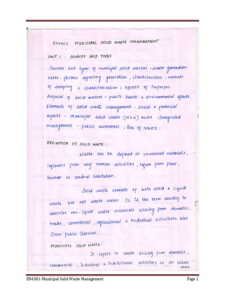 EN6501 Municipal Solid Waste Notes | PDF | Waste | Waste Management