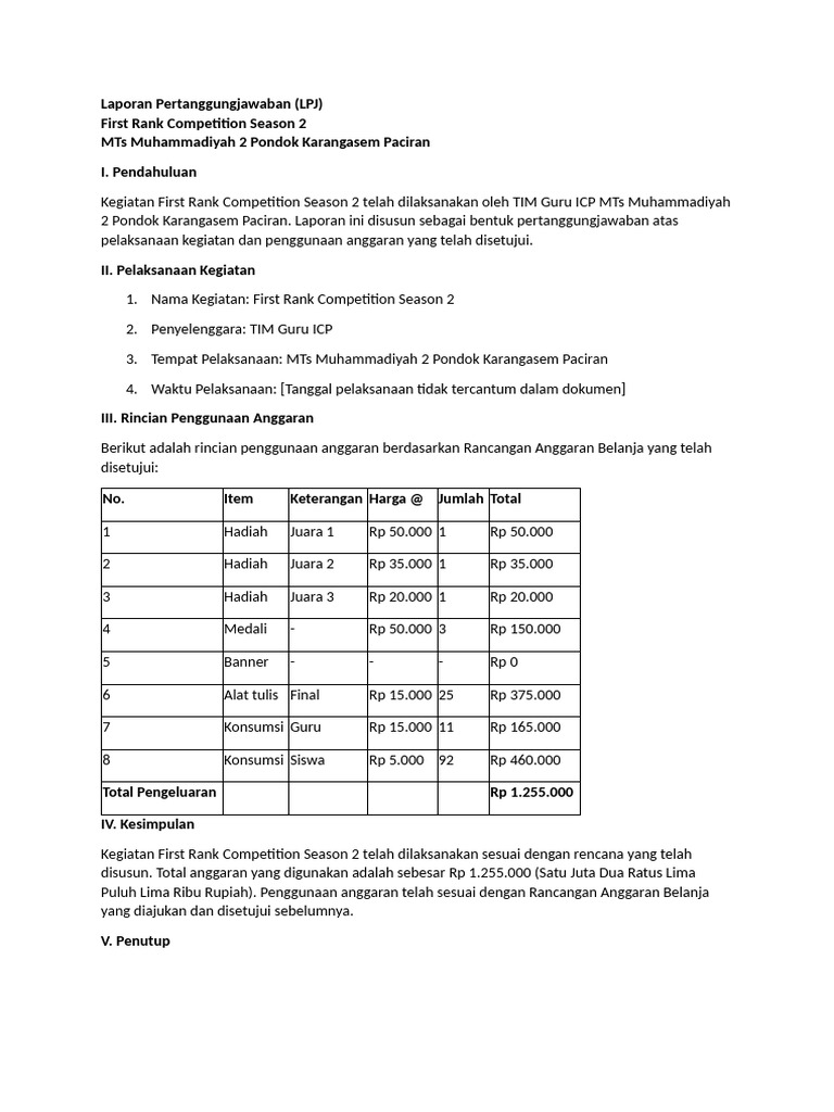 Laporan Pertanggungjawaban First Rank | PDF