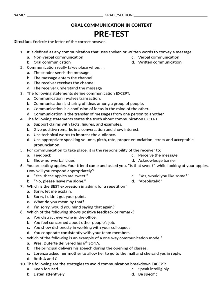Oral Communication Pre-Test Questions | PDF | Communication | Nonverbal ...