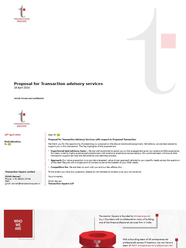 Transaction Advisory Proposal for BV | PDF | Expense | Debt