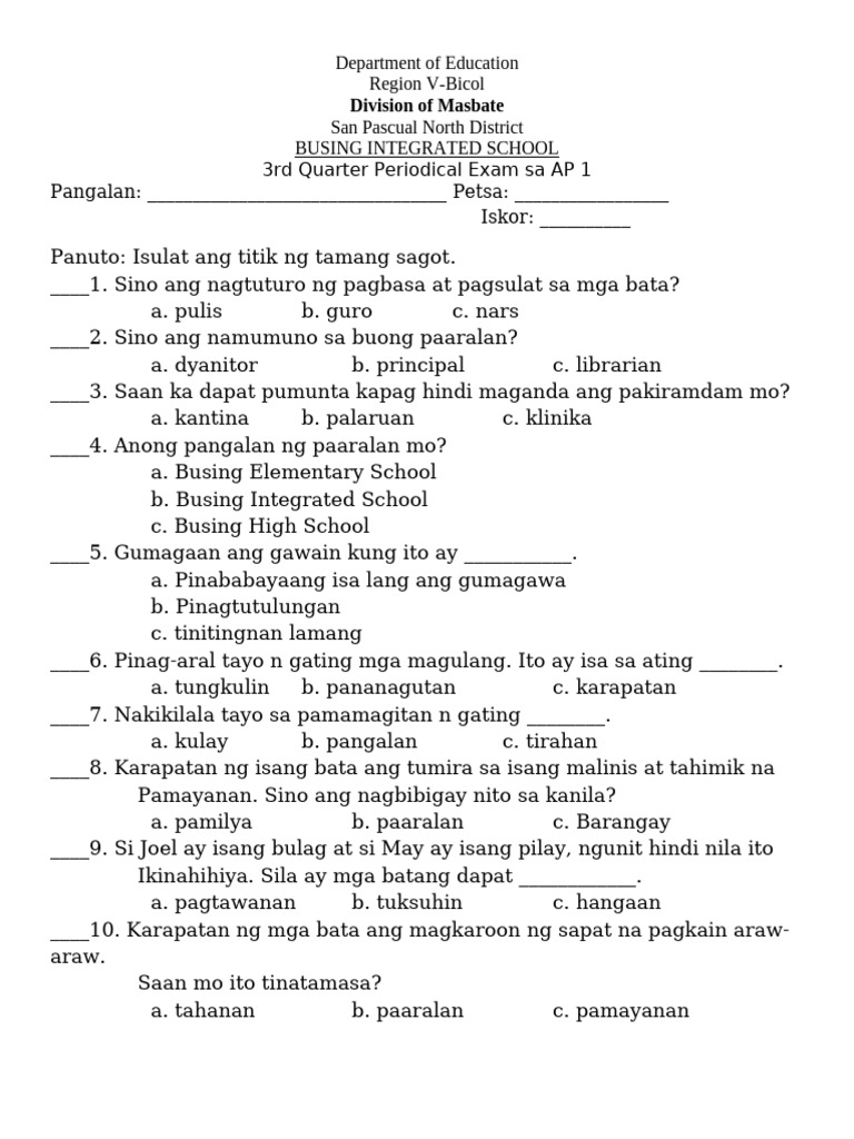 3rd Quarter Exam Ap Pdf