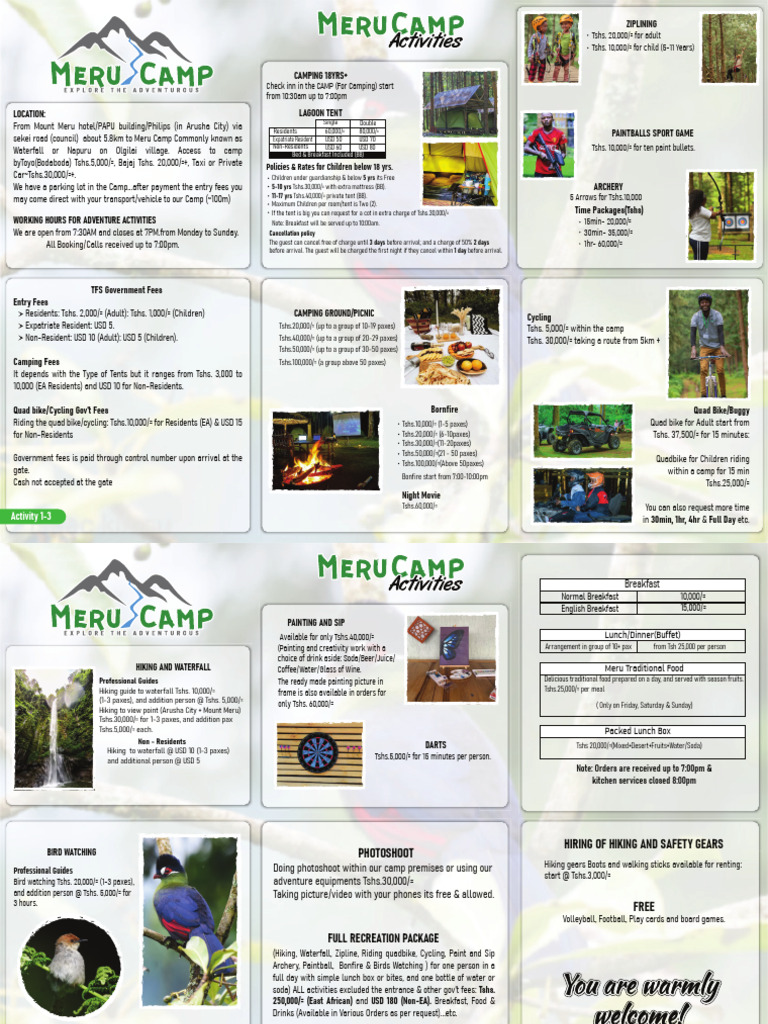 Meru Camp: Fees and Activities Guide | PDF | Meal