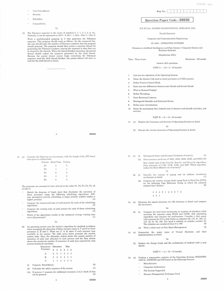 AL3452 - Operating Systems_R2021 - 2023 AprilQP | PDF