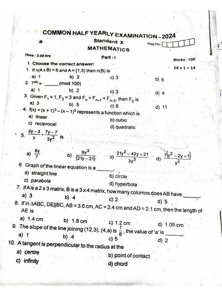 2024 Half Yearly Math Exam Paper | PDF | Circle | Elementary Mathematics