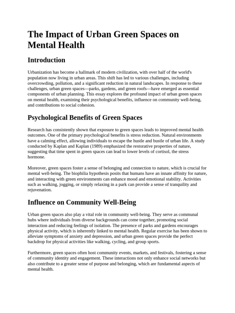 The Impact of Urban Green Spaces On Mental Health | PDF | Mental Health ...