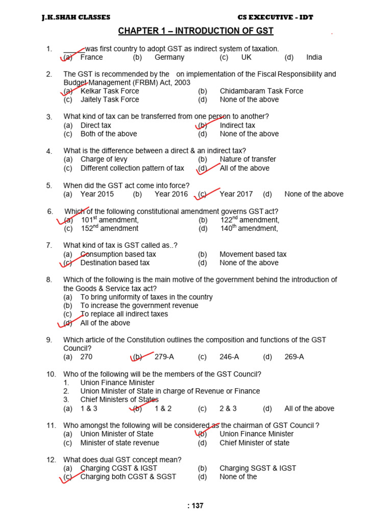 MCQs on GST for CS Executive Exam | PDF | Value Added Tax | Taxes