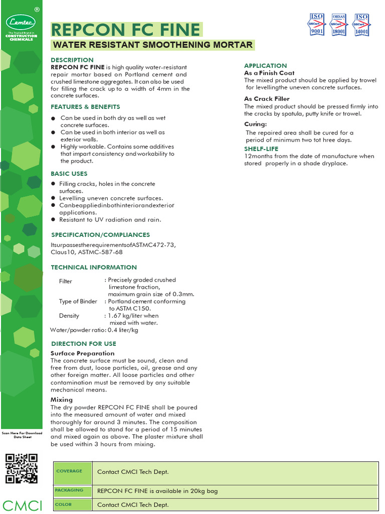 Repcon FC Fine: Waterproof Repair Mortar | PDF | Concrete | Mortar ...