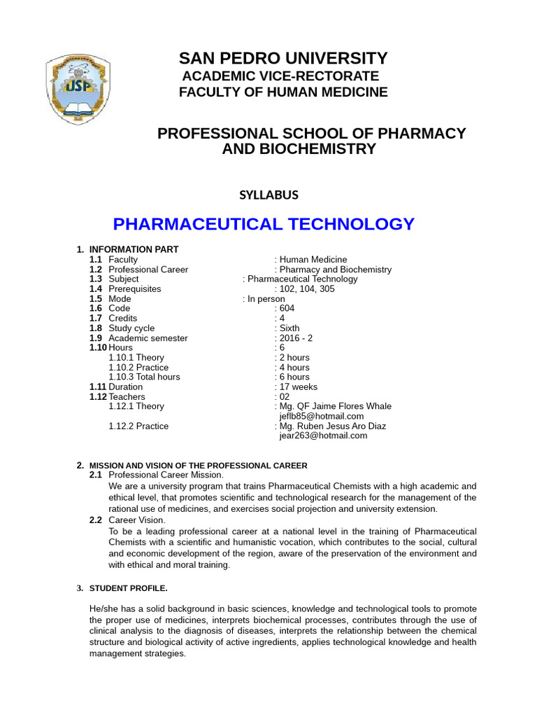 Pharmaceutical Technology Course Syllabus | PDF | Pharmaceutical ...