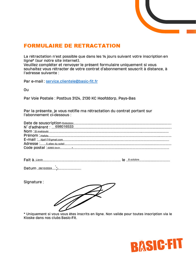 Formulaire de Rétractation Basic Fit | PDF