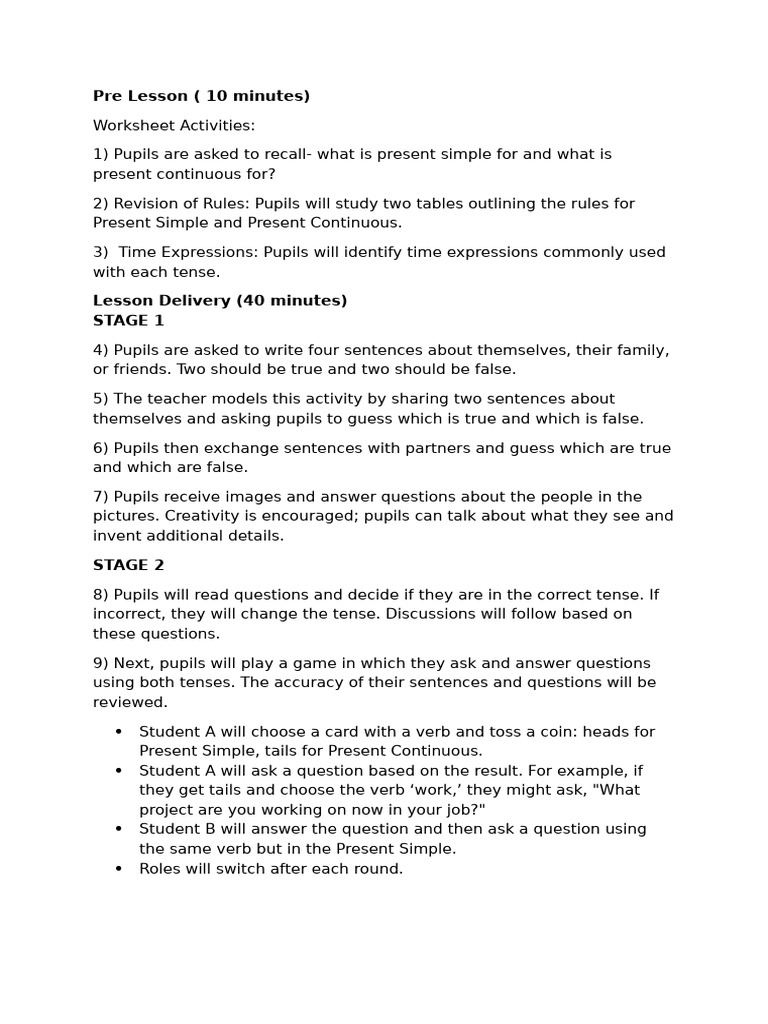 Lesson Plan For Present Simple Vs Present Continuous | PDF