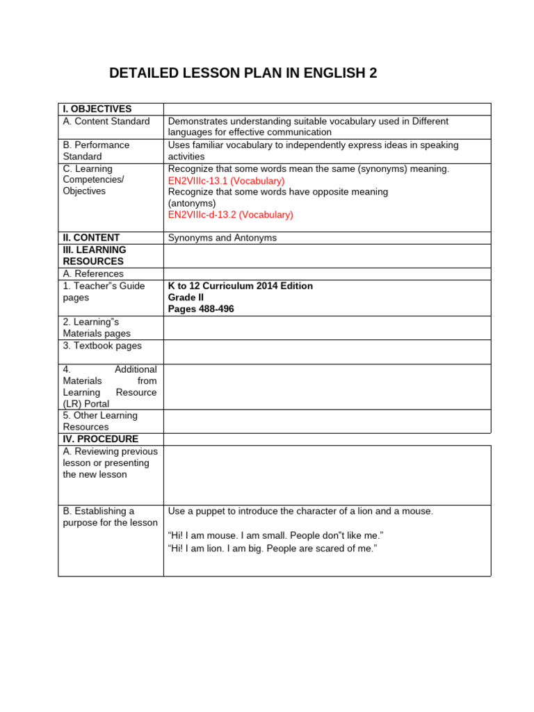 Lesson Plan: Synonyms and Antonyms | PDF | Vocabulary | English Language