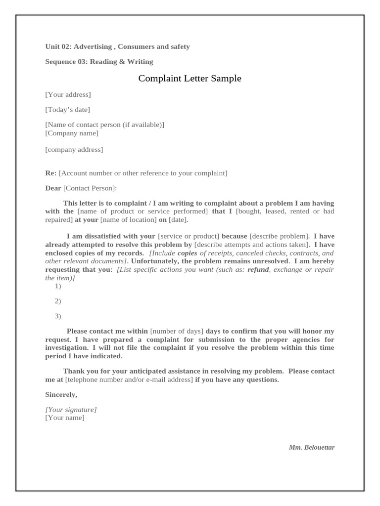 Complaint Letter Template for Consumers | PDF
