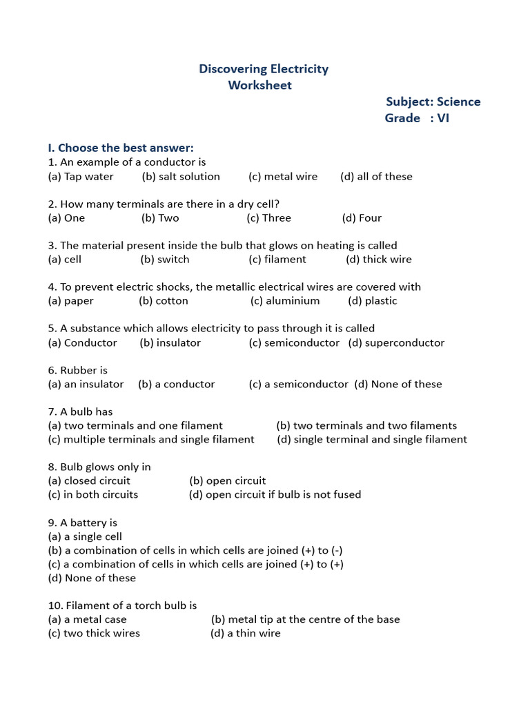 Electricity Worksheet for Grade VI | PDF | Electricity | Incandescent ...