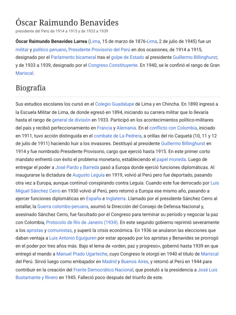 Óscar Raimundo Benavides - Wikipedia, La Enciclopedia Libre | PDF | Perú