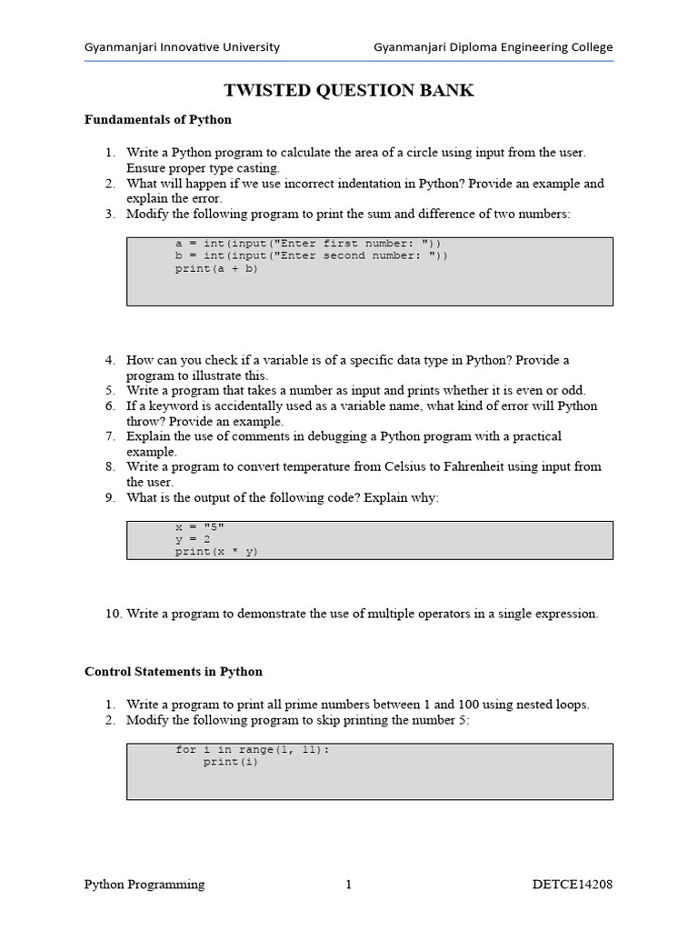 Python Programming Question Bank | PDF | Python (Programming Language ...
